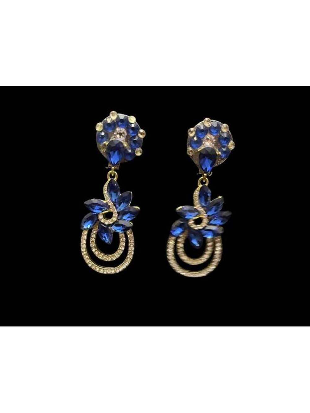 Blue and Gold Rhinestone Clip On Dangle Earrings